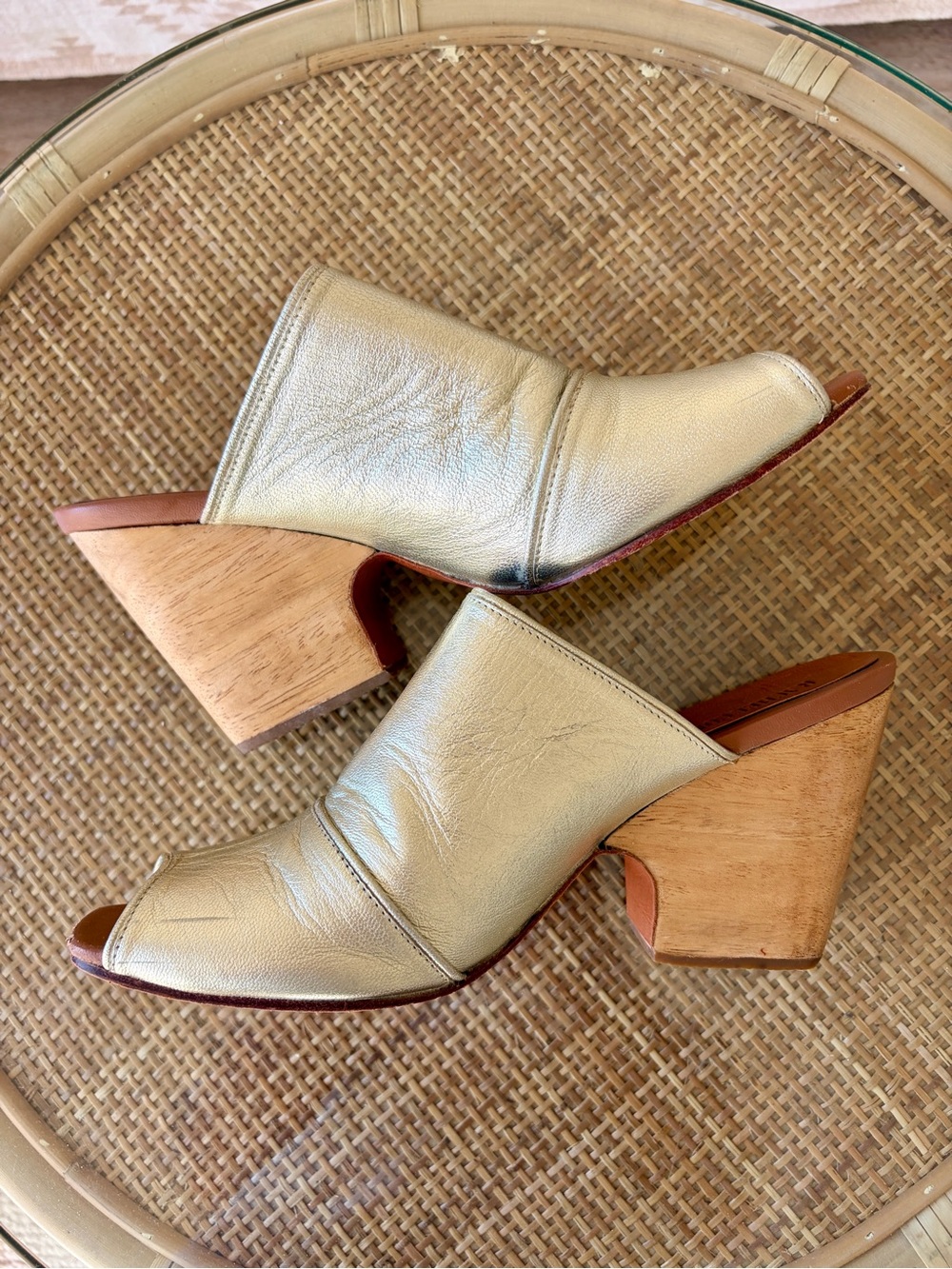 RACHEL COMEY Metallic gold Slide Mule with Wood Block Heel